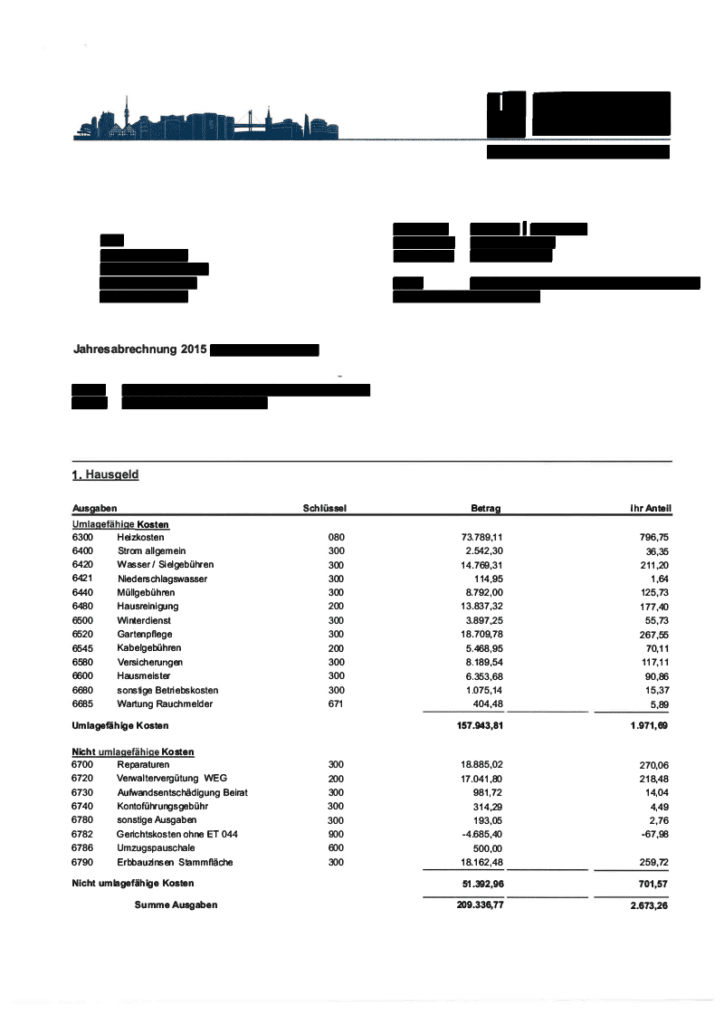 Hausgeldabrechnung Beispiel Seite 1